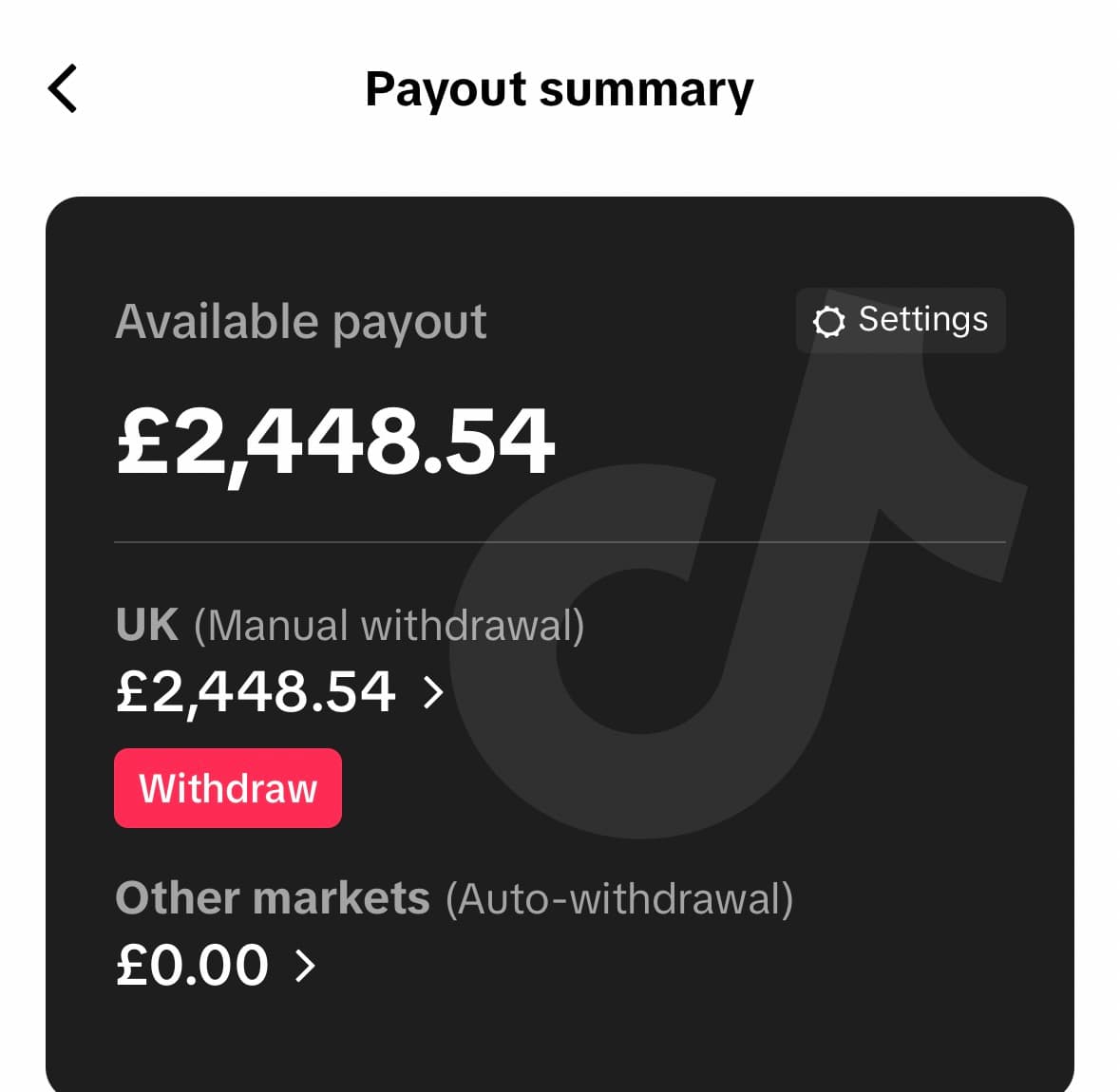 TikTok Shop payout summary showing £2,448.54 available payout