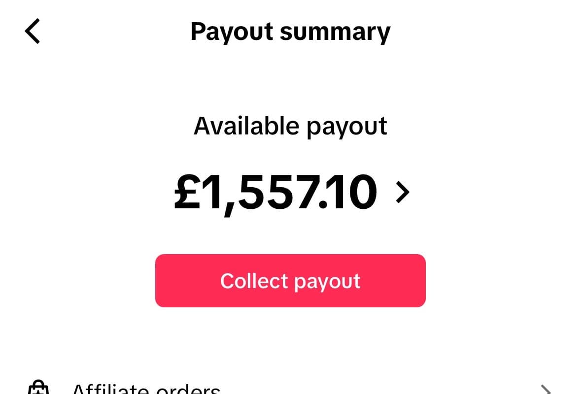 TikTok Shop payout summary showing £1,557.10 available payout