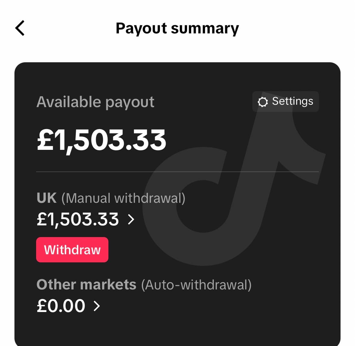 TikTok Shop payout summary showing £1,503.33 available payout