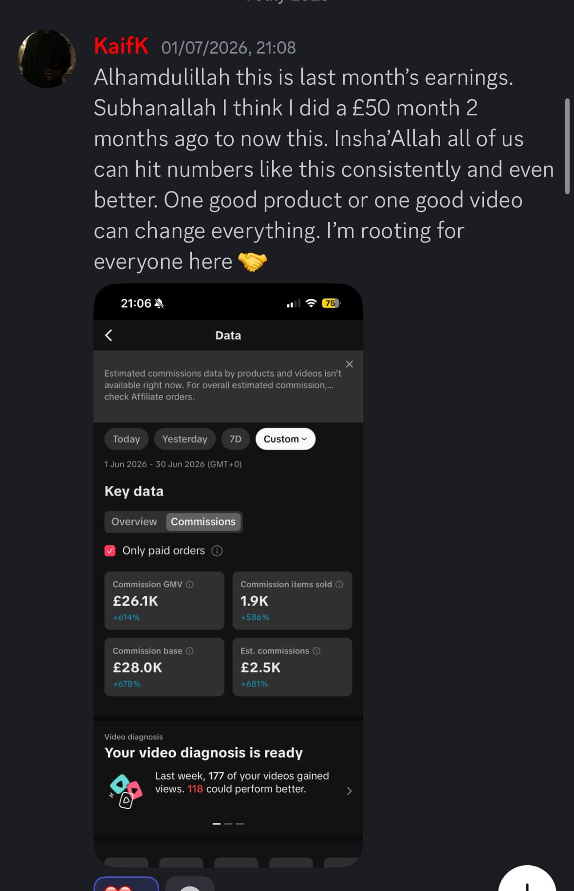 Discord message from KaifK sharing last month's TikTok Shop commission screenshot